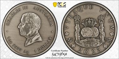 2025 $1 225th Ann. Proclamation Coins Pillar Dollar Antiqued Ag MS70