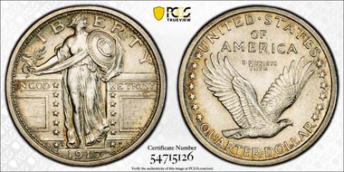 1917-D 25C Type 1 AU58FH