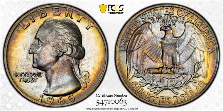 Regular clad 1965 quarter, PCGS MS68, certification 54710063. This is NOT a silver-planchet error. Photo: PCGS TrueView.