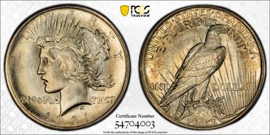 1921 $1 High Relief, Peace MS66