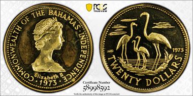 1973 $20 Independence Au KM-44 Date & 585 Stamp Rev MS67