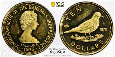 1973 $10 Independence Au KM-41 Date & 585 Stamp Rev MS67