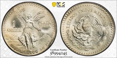 1989-Mo Onza Libertad Ag w/o Dot before 999 MS68
