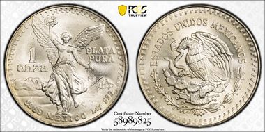 1989-Mo Onza Libertad Ag w/o Dot before 999 MS67