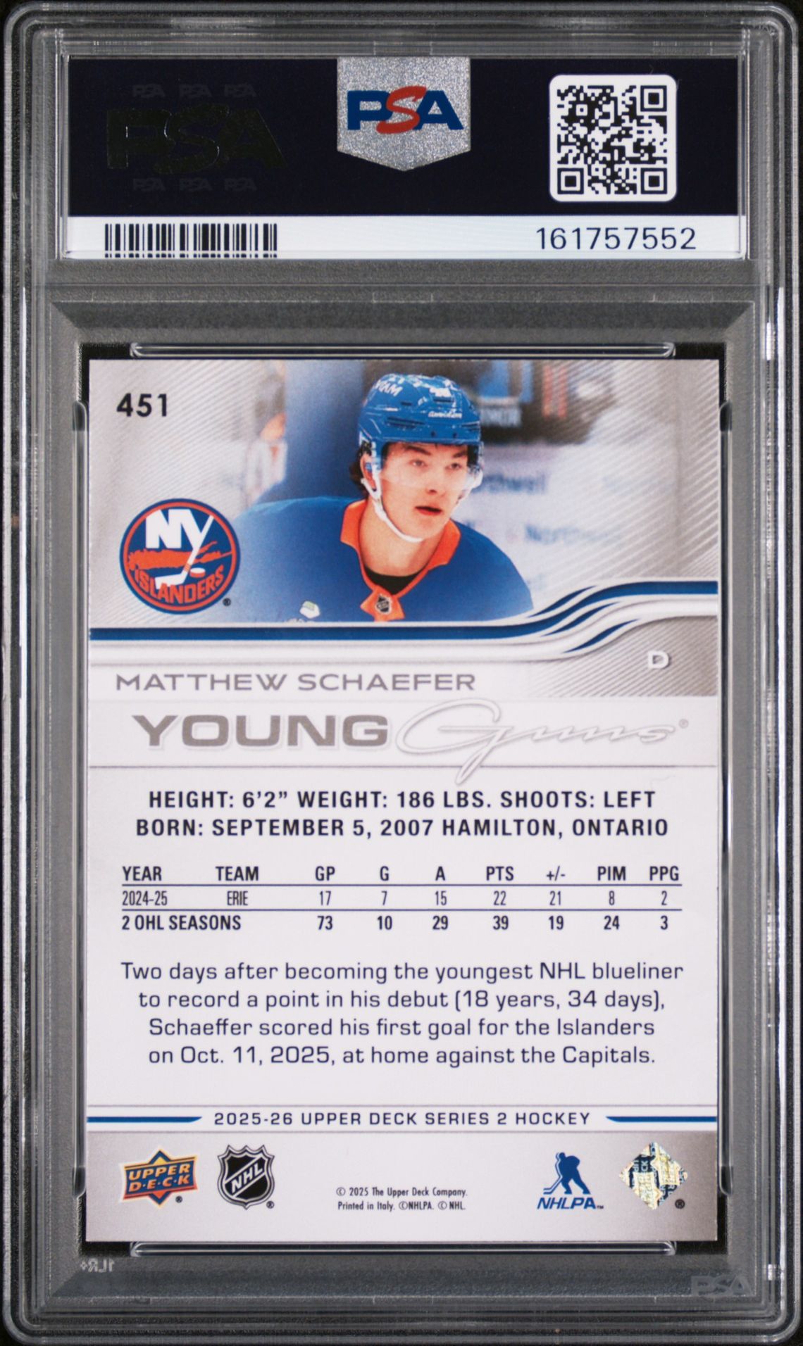 2025 Upper Deck Matthew Schaefer #451 Mint 9 back