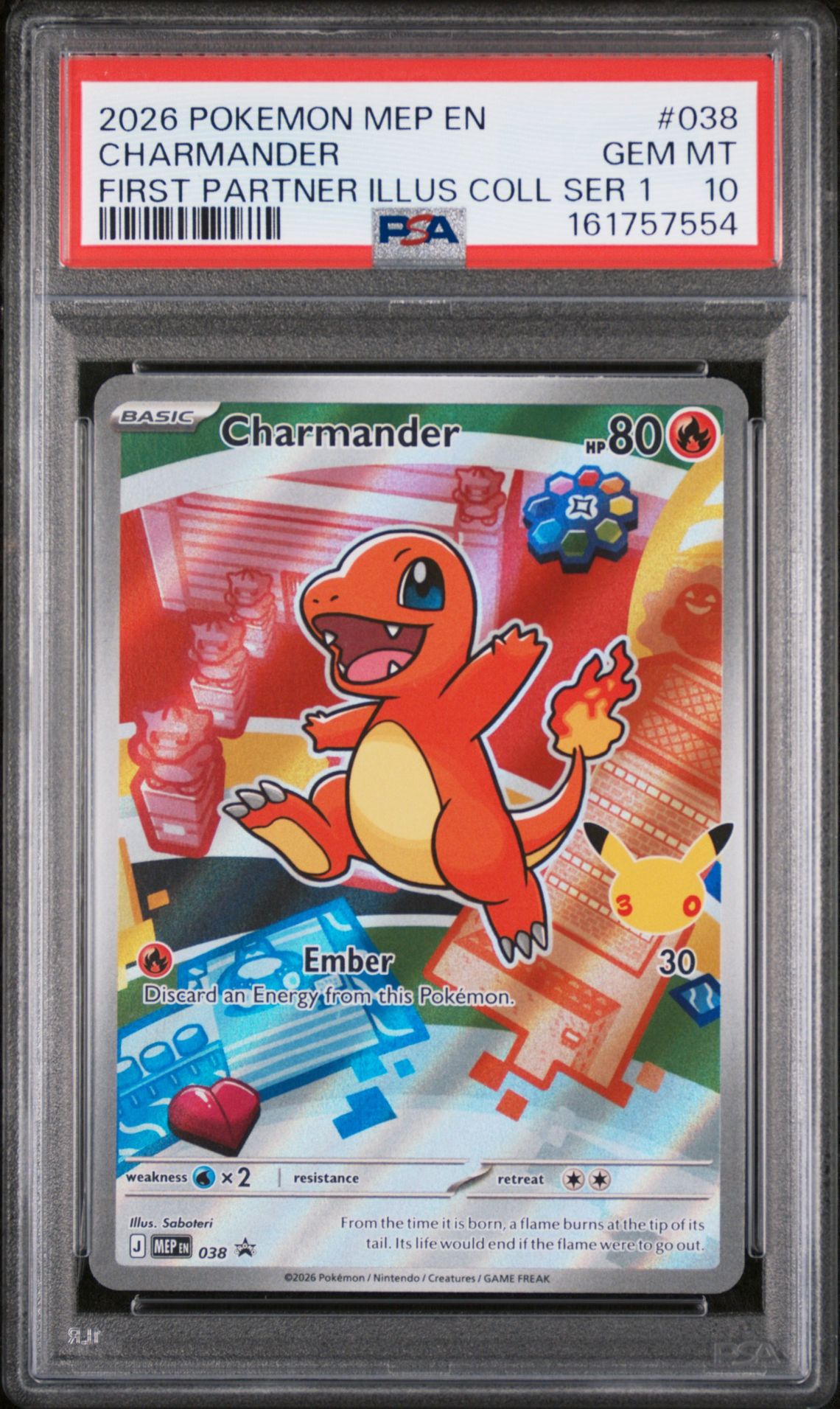 2026 Pokemon Mep En-Me Black Star Promo Charmander #038 (First Partner Illus Coll Ser 1) Gem Mt 10 front view - PSA graded GEM MT 10