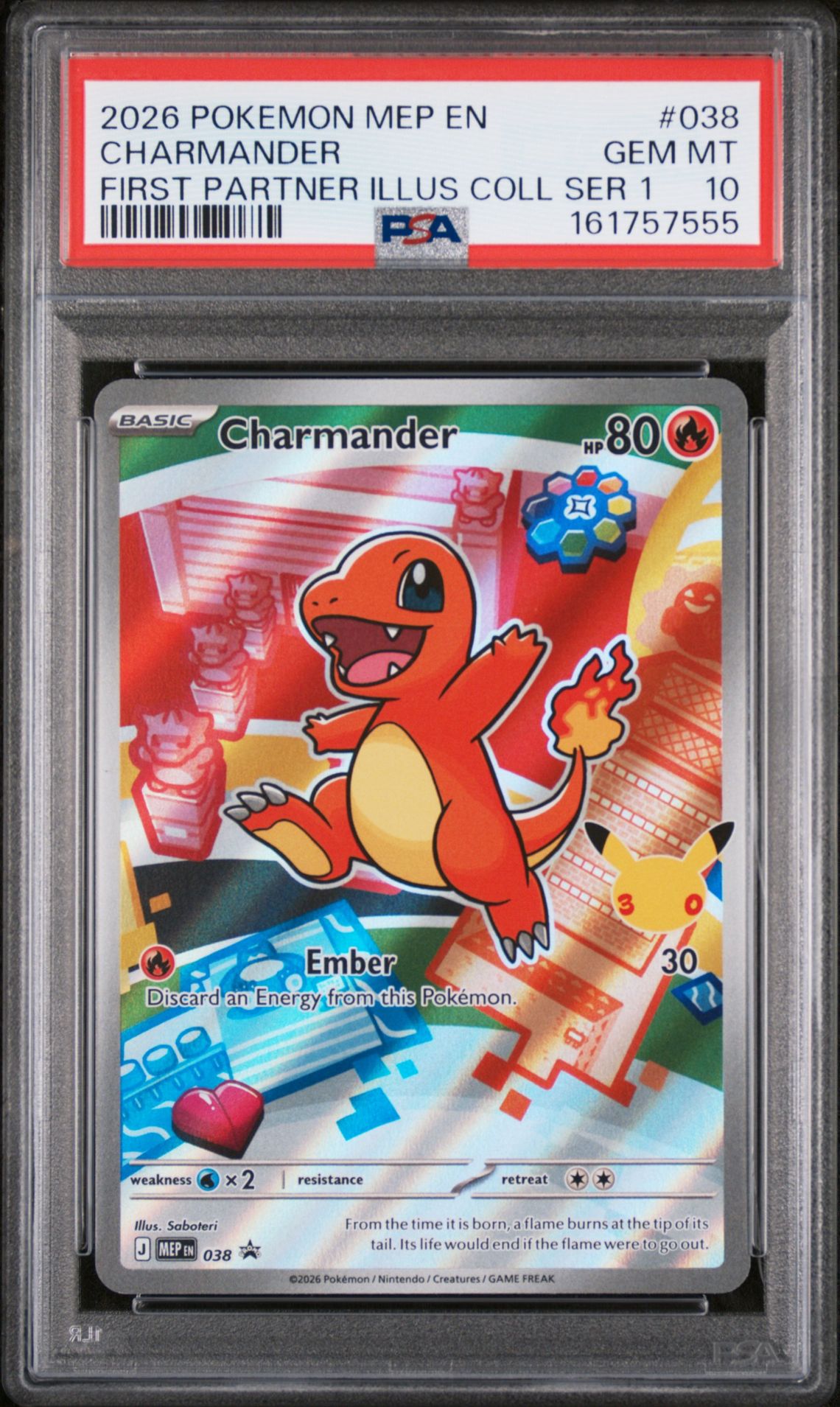 2026 Pokemon Mep En-Me Black Star Promo Charmander #038 (First Partner Illus Coll Ser 1) Gem Mt 10 front view - PSA graded GEM MT 10