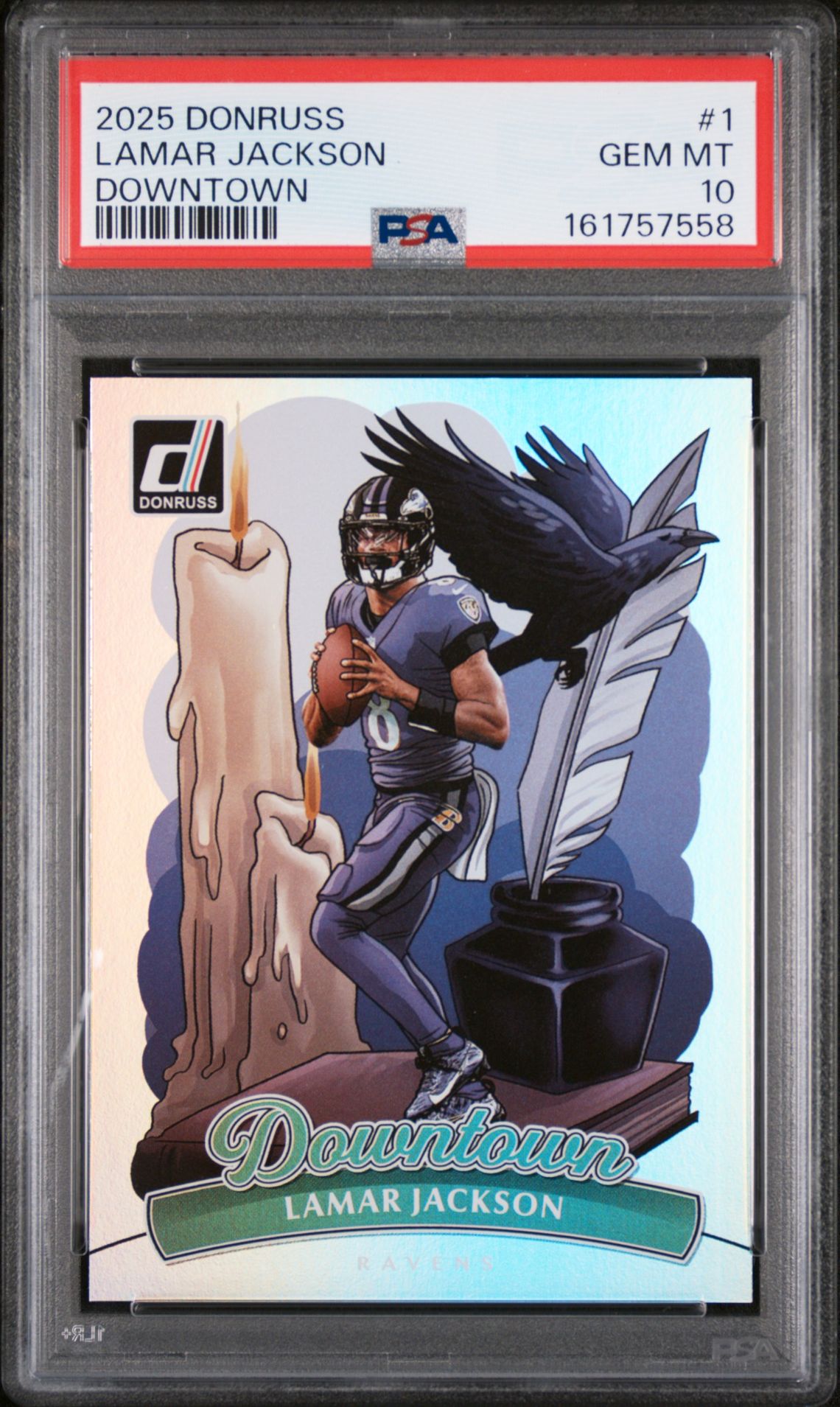 2025 Panini Donruss Downtown Lamar Jackson #1 Gem Mt 10 front view - PSA graded GEM MT 10