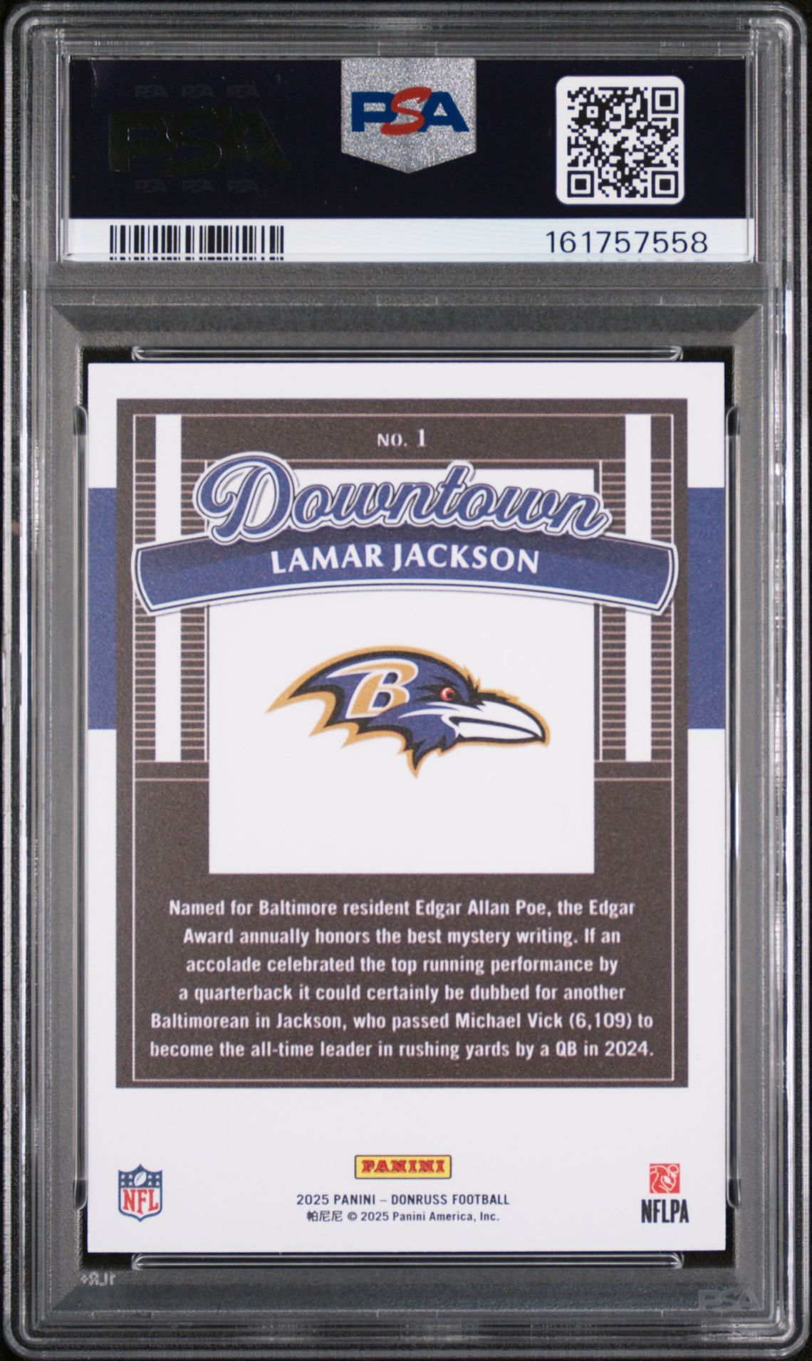 2025 Panini Donruss Downtown Lamar Jackson #1 Gem Mt 10 back view - PSA certificate #161757558