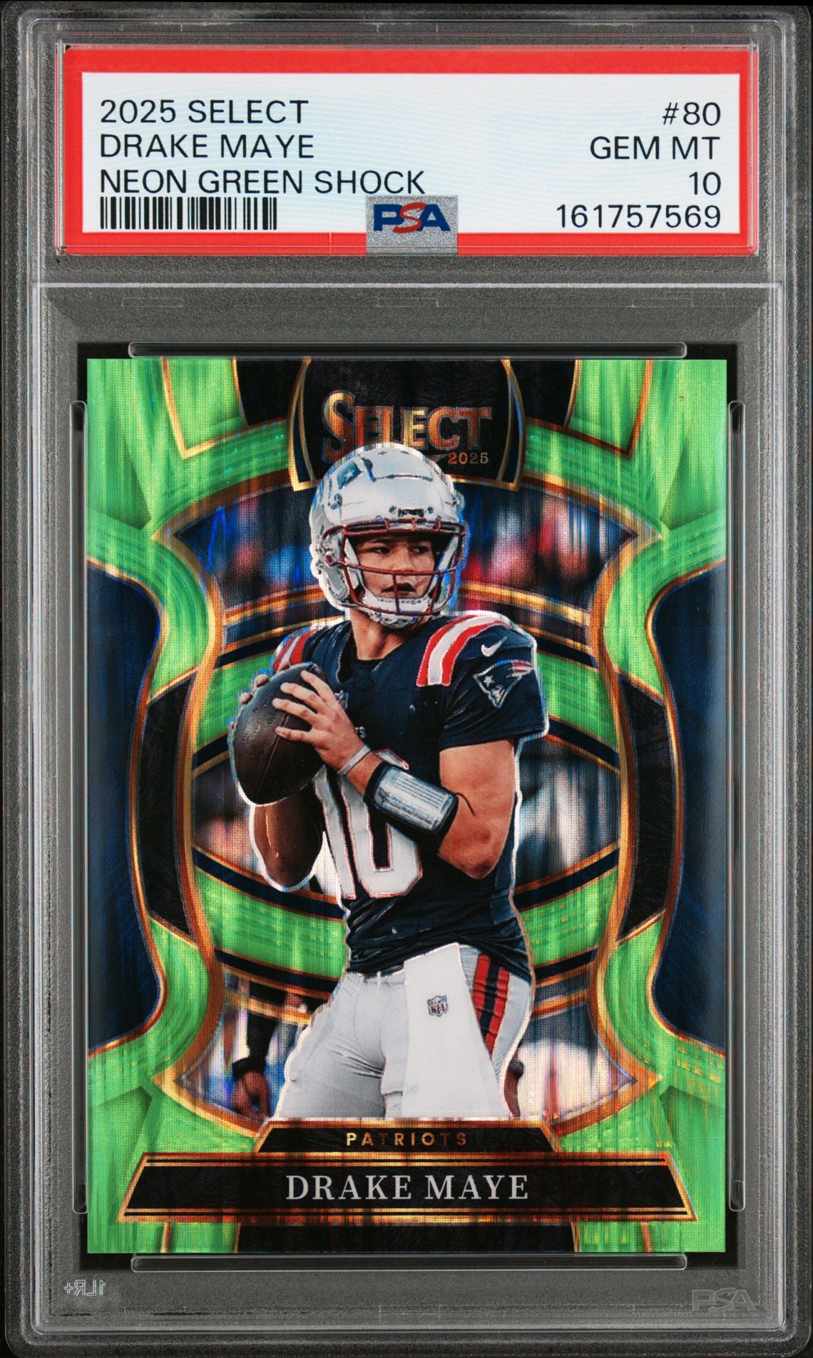 2025 Panini Select Drake Maye #80 (Neon Green Shock) Gem Mt 10 front view - PSA graded GEM MT 10