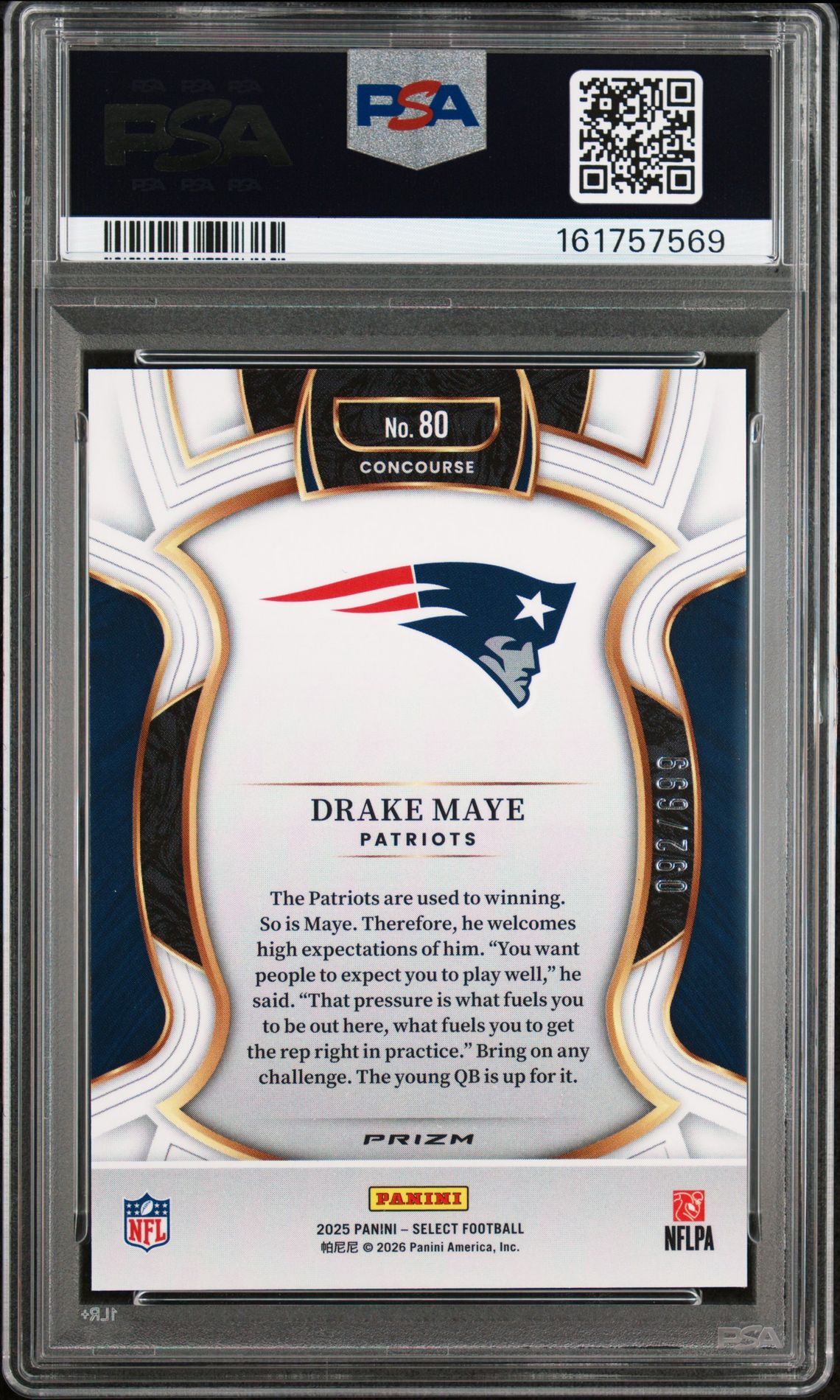 2025 Panini Select Drake Maye #80 (Neon Green Shock) Gem Mt 10 back view - PSA certificate #161757569