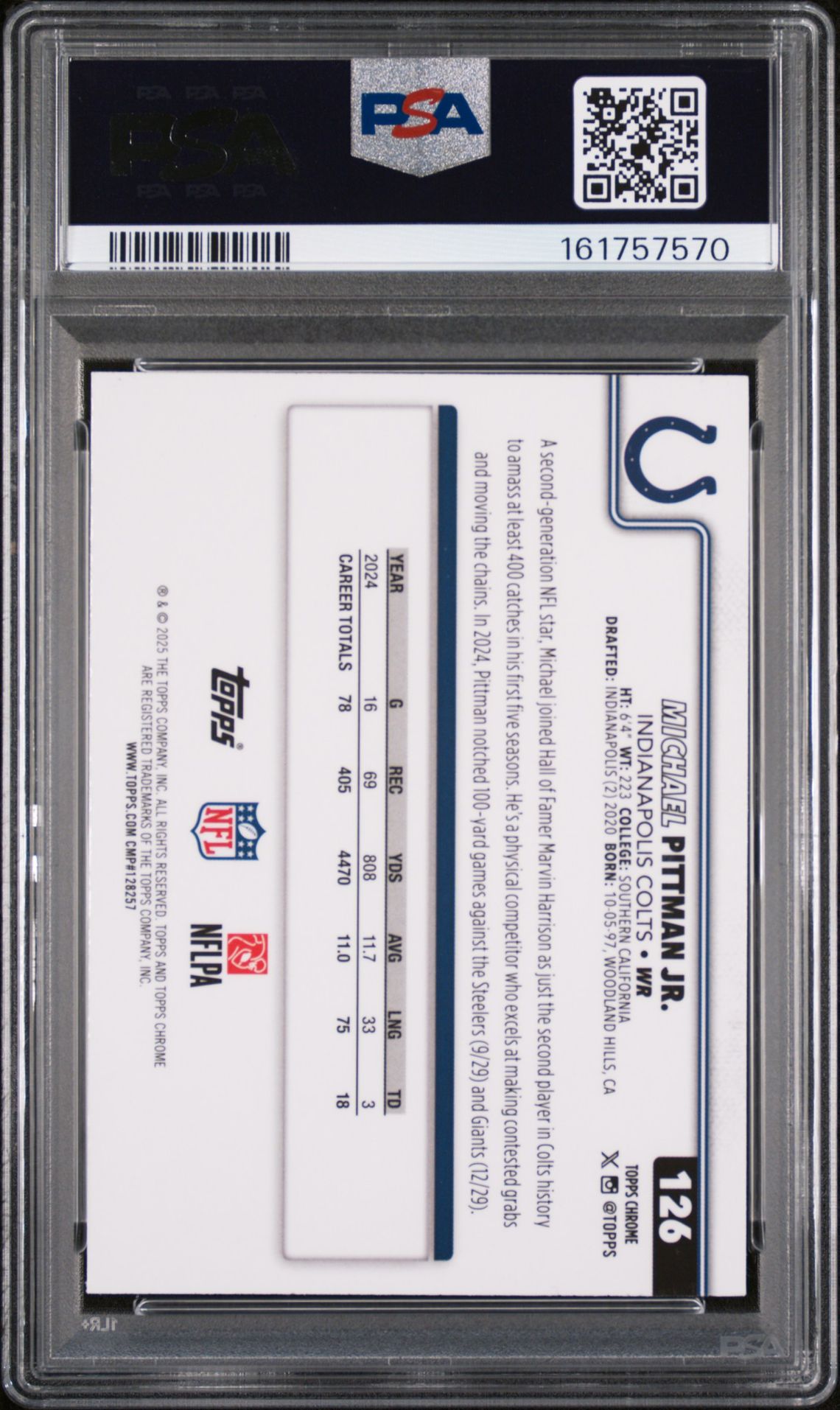 2025 Topps Chrome Michael Pittman Jr. #126 (Green Refractor) Gem Mt 10 back view - PSA certificate #161757570