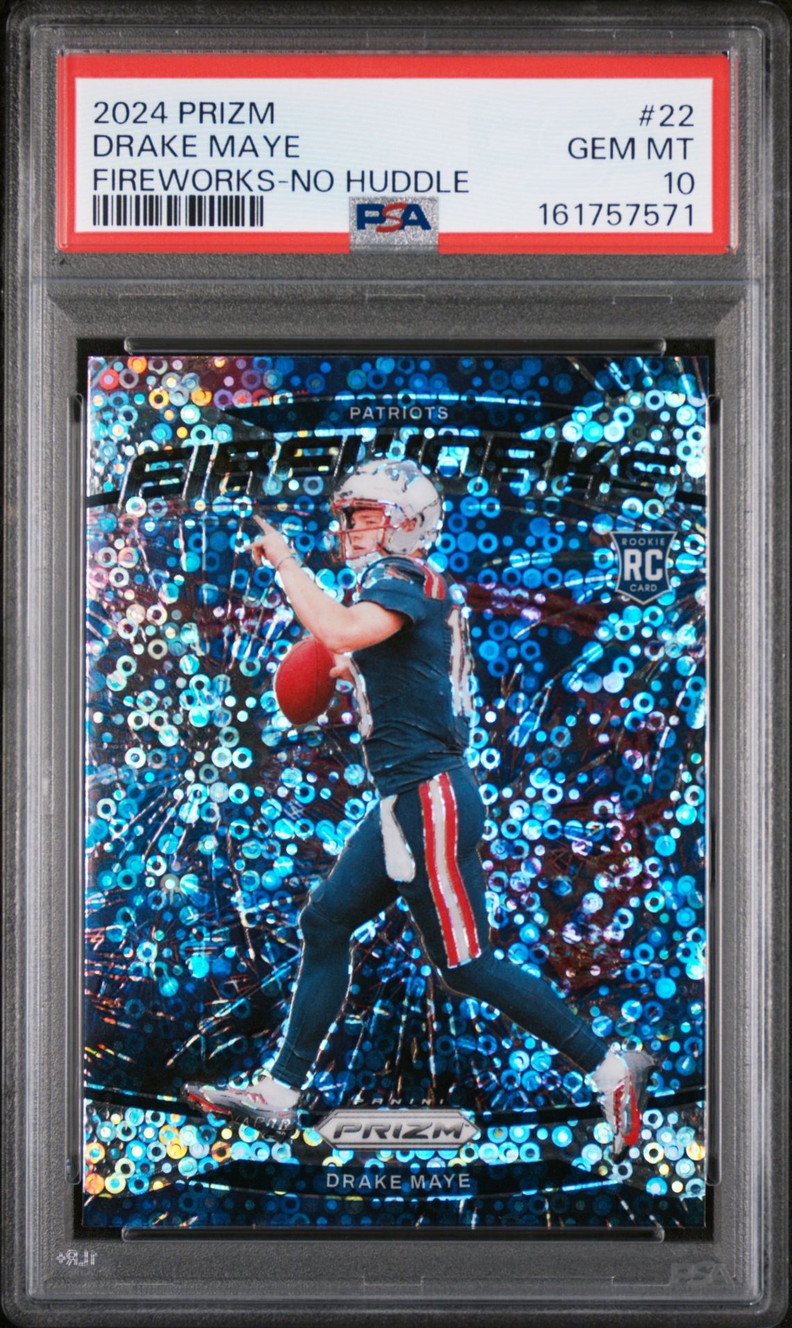 2024 Panini Prizm Fireworks Drake Maye #22 (Fireworks-No Huddle) Gem Mt 10 front view - PSA graded GEM MT 10