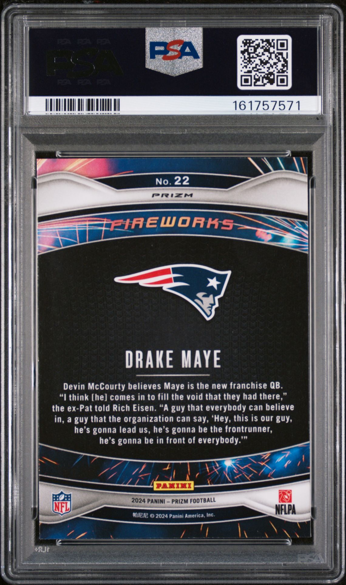 2024 Panini Prizm Fireworks Drake Maye #22 (Fireworks-No Huddle) Gem Mt 10 back view - PSA certificate #161757571