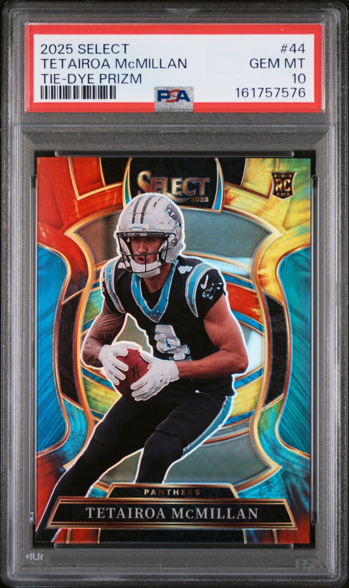 2025 Panini Select Tetairoa Mcmillan #44 (Tie-Dye Prizm) Gem Mt 10 front view - PSA graded GEM MT 10