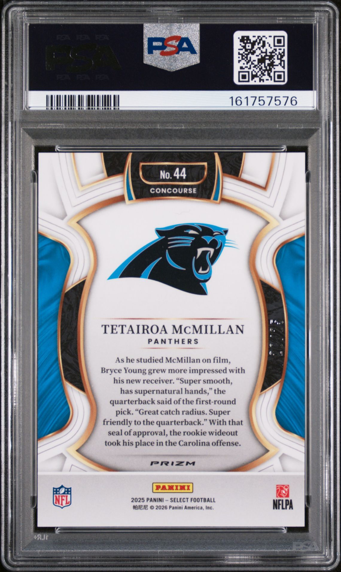 2025 Panini Select Tetairoa Mcmillan #44 (Tie-Dye Prizm) Gem Mt 10 back view - PSA certificate #161757576