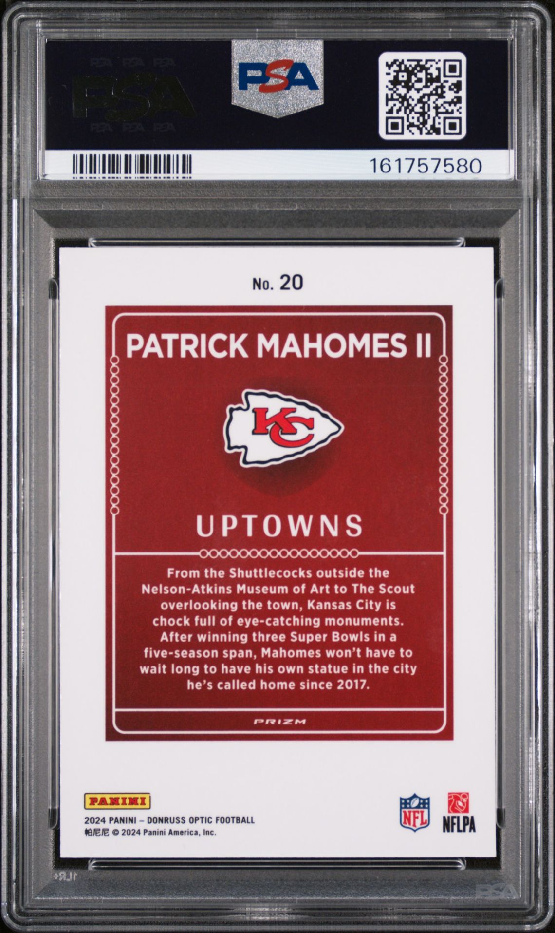 2024 Panini Donruss Optic Uptowns Patrick Mahomes Ii #20 Gem Mt 10 back view - PSA certificate #161757580