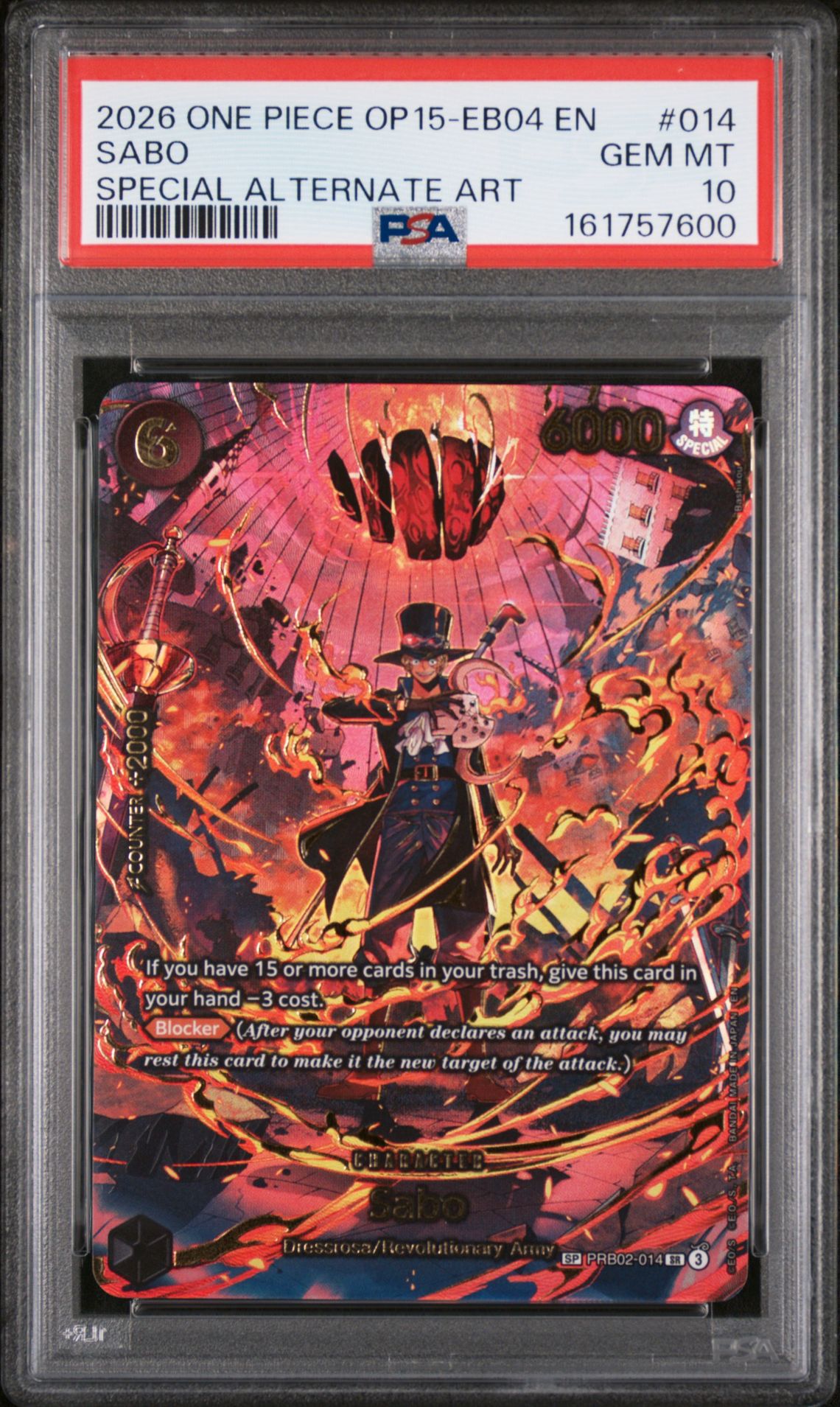 2026 One Piece Op15-Eb04-Adventure On Kami's Island Sabo #014 (Special Alternate Art) Gem Mt 10 front view - PSA graded GEM MT 10