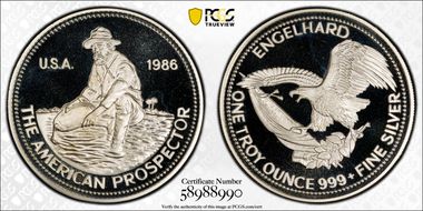 1986 1oz Rnd The American Prospector Ag Engelhard-Eagle Reverse PR67DCAM