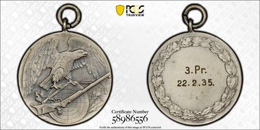 1935 Medal German Shooting Award Silvered Brass MS64