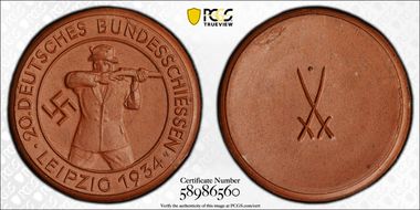 1934 Medal  Scheuch-1766a Leipzig Brown Porcelain MS65