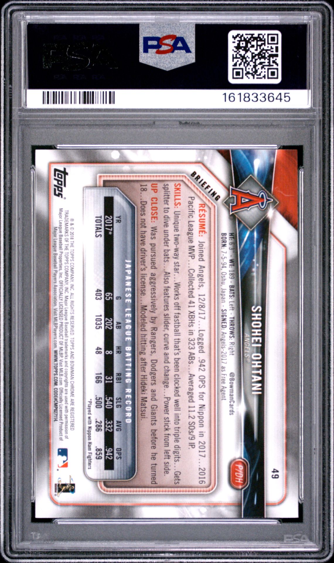 2018 Bowman Shohei Ohtani #49 Nm-Mt 8 back