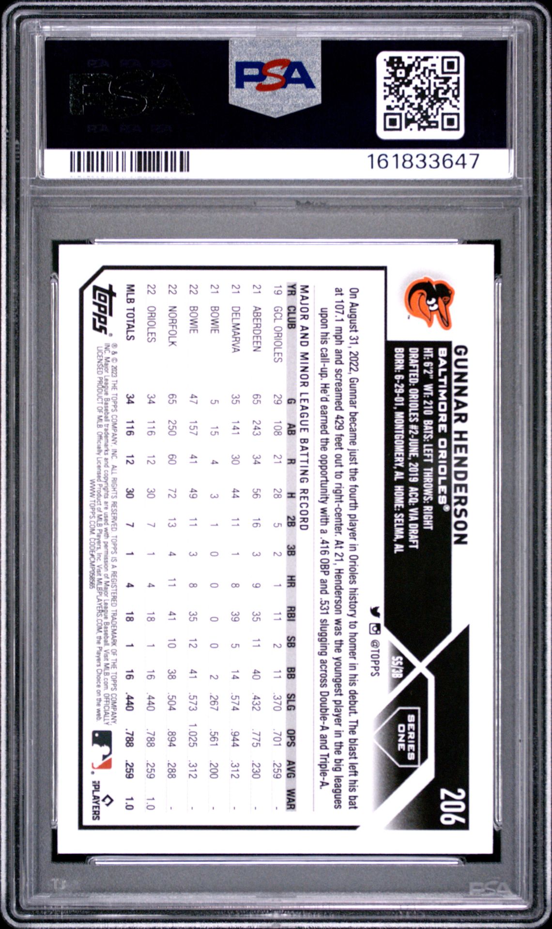 2023 Topps Complete Set Gunnar Henderson #206 (Gold Star) Mint 9 back