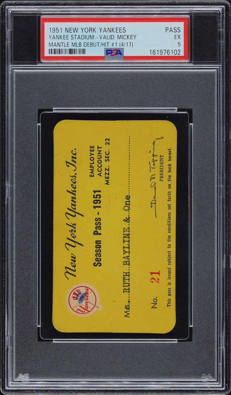 1951 New York Yankees season pass, graded PSA 5, valid for Mickey Mantle's rookie season