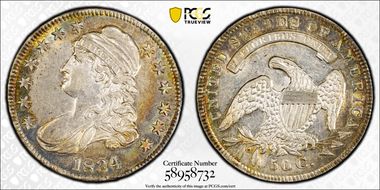 1834 50C Large Date, Small Letters AU58