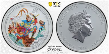 2016-P $8 Monkey King 5oz Ag Colorized MS69