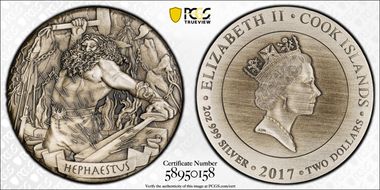 2017 $2 Hephaestus Antique Finish High Relief MS69