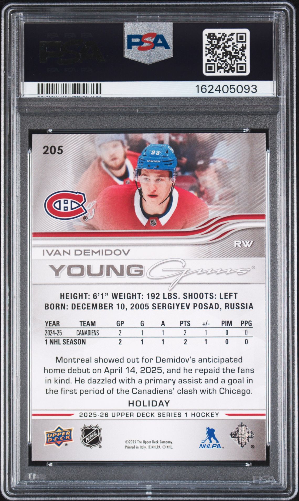2025 Upper Deck Ivan Demidov #205 (Holiday) Mint 9 back