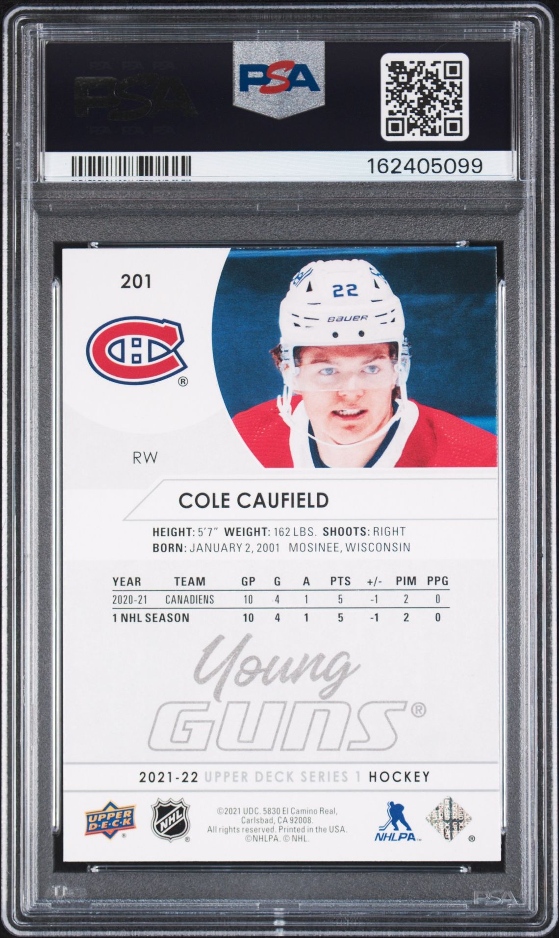 2021-2022 Upper Deck Cole Caufield #201 Mint 9 back