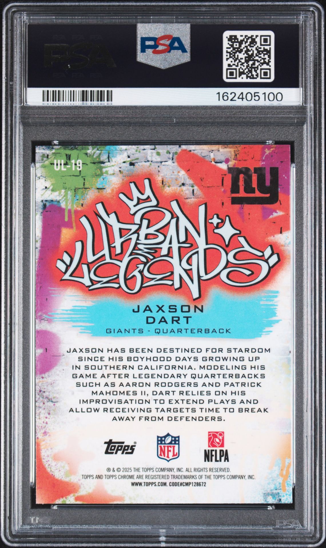 2025 Topps Chrome Urban Legends Jaxson Dart #19 Gem Mt 10 back view - PSA certificate #162405100