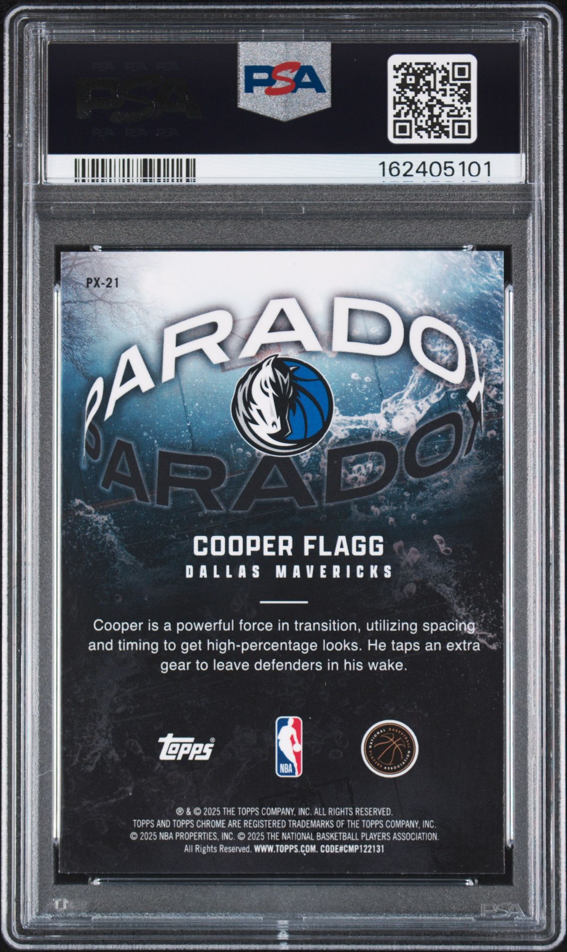 2025 Topps Chrome Paradox Cooper Flagg #Px-21 Gem Mt 10 back view - PSA certificate #162405101