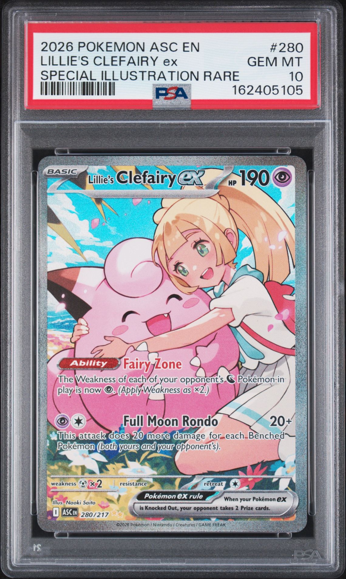 2026 Pokemon Asc En-Ascended Heroes Lillie's Clefairy Ex #280 (Special Illustration Rare) Gem Mt 10 front view - PSA graded GEM MT 10