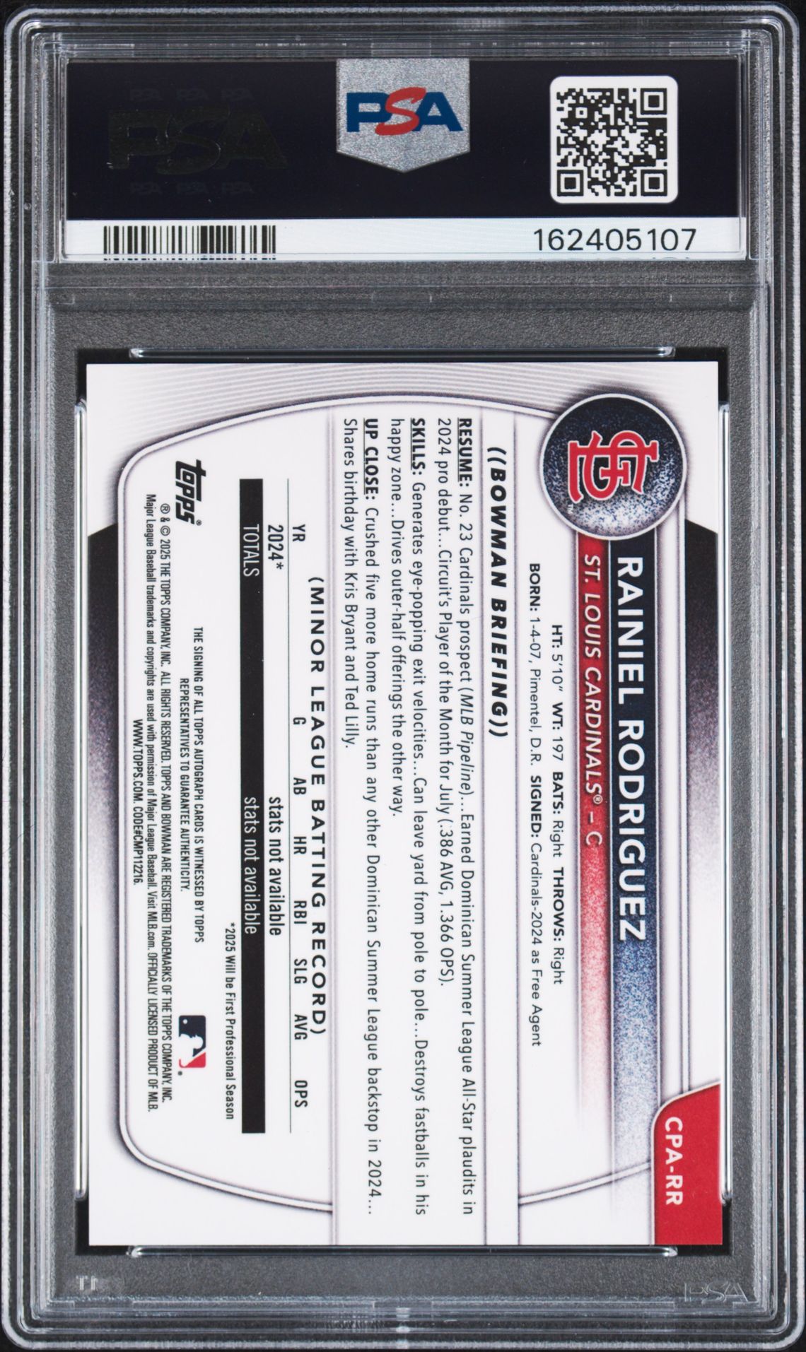 2025 Bowman Chrome Prospect Autographs Rainiel Rodriguez #Cparr Gem Mt 10 back view - PSA certificate #162405107