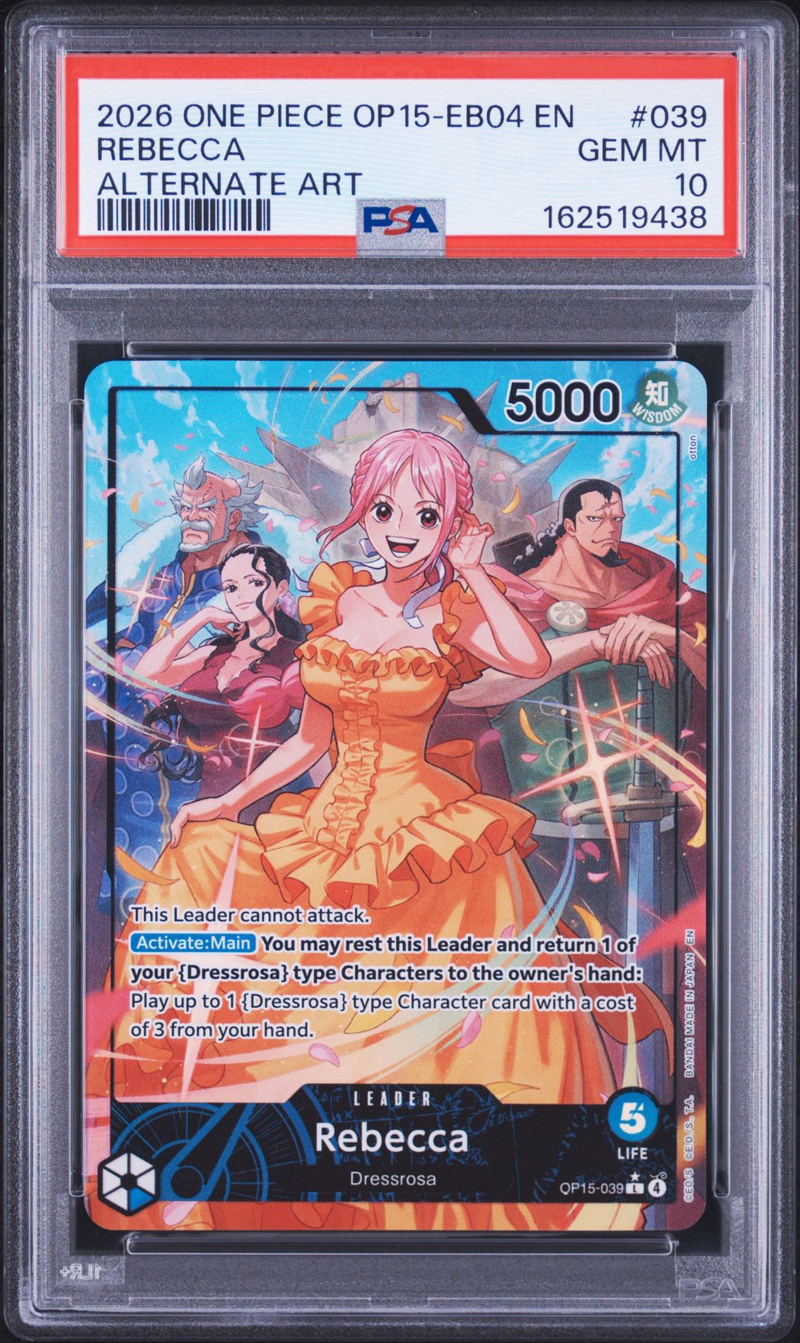 2026 One Piece Op15-Eb04-Adventure On Kami's Island Rebecca #039 (Alternate Art) Gem Mt 10 front view - PSA graded GEM MT 10