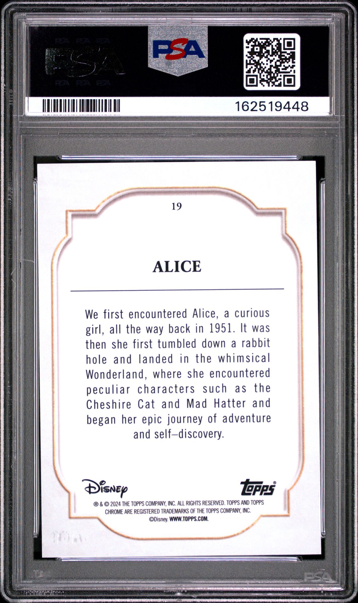 2024 Topps Chrome Disney Alice #19 (Black & White Speckle) Gem Mt 10 back view - PSA certificate #162519448