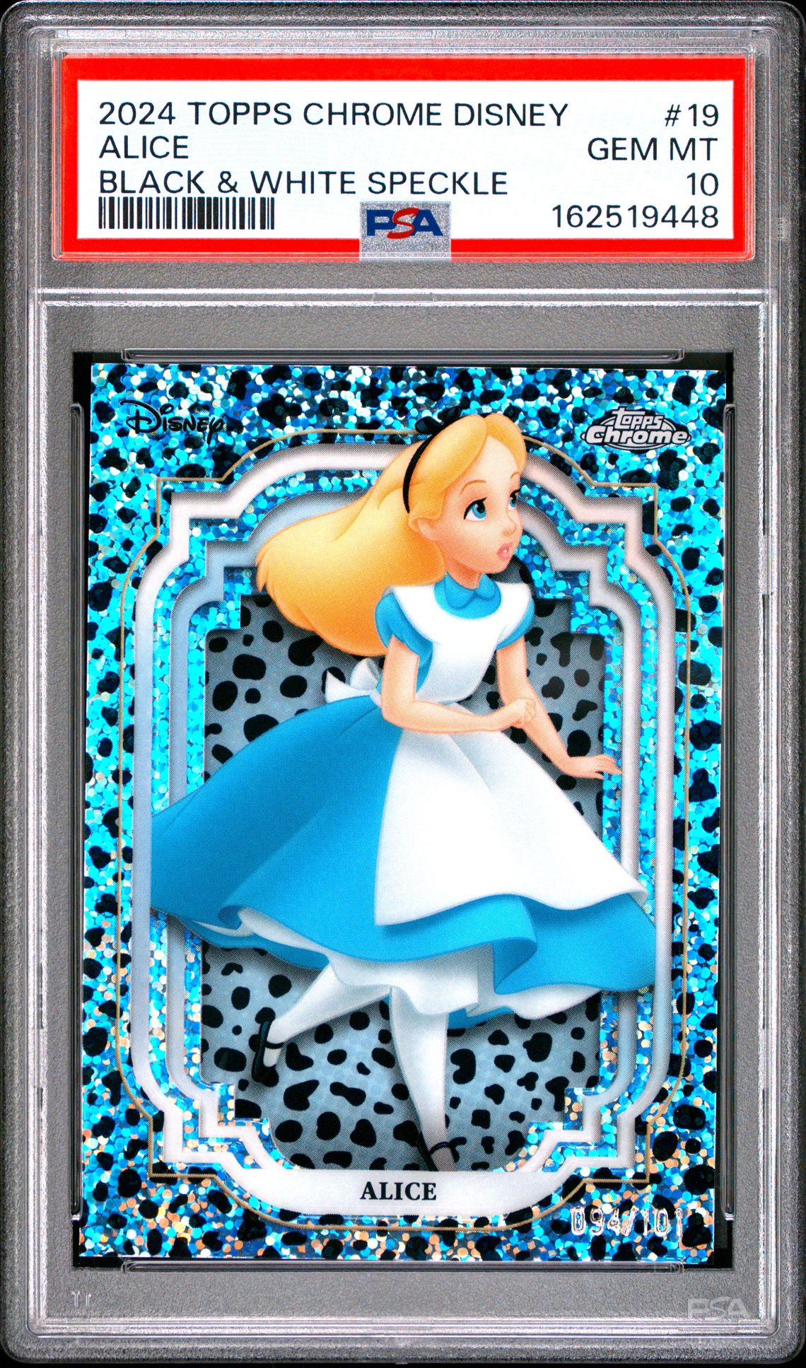 2024 Topps Chrome Disney Alice #19 (Black & White Speckle) Gem Mt 10 front view - PSA graded GEM MT 10