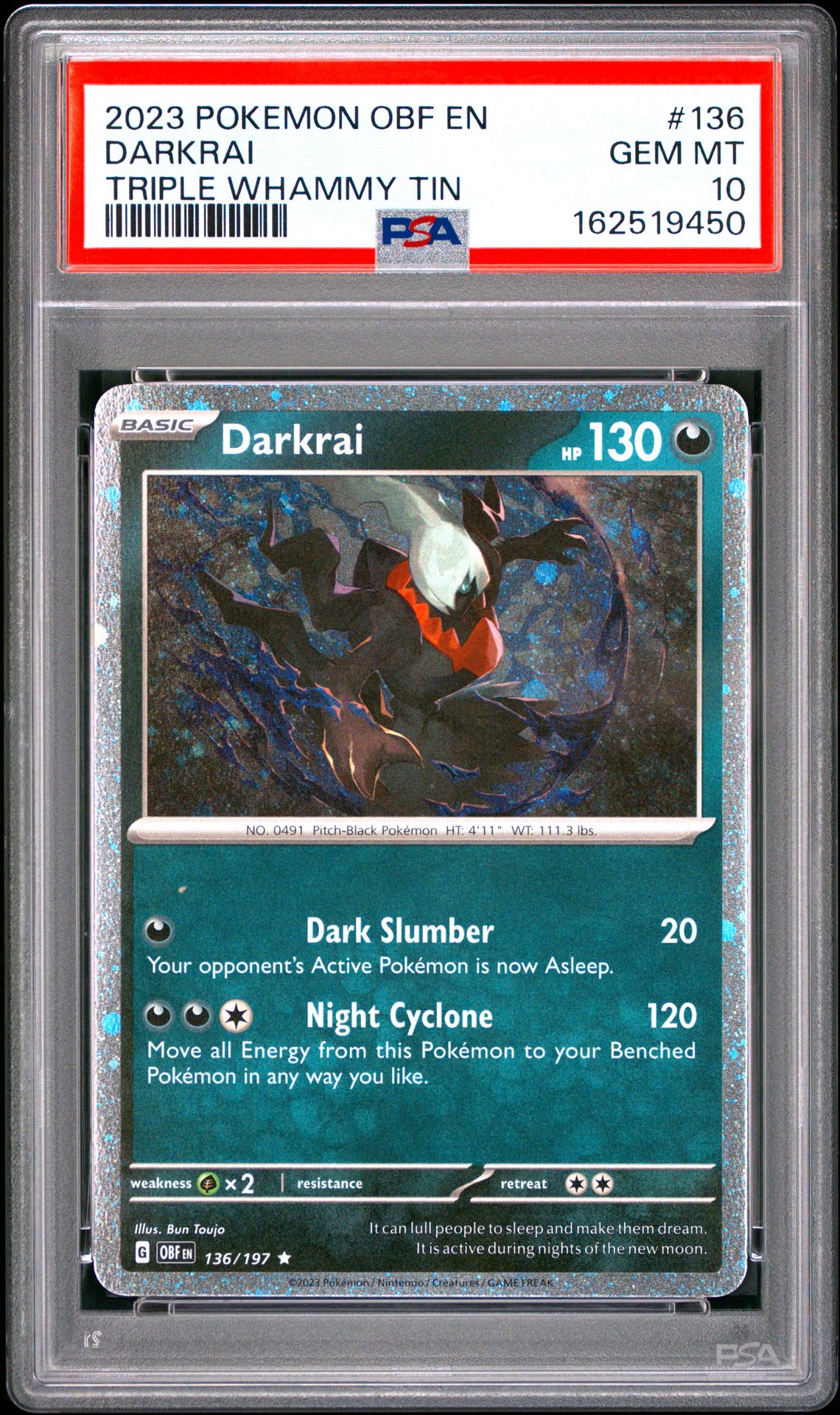 2023 Pokemon Obf En-Obsidian Flames Darkrai #136 (Triple Whammy Tin) Gem Mt 10 front view - PSA graded GEM MT 10