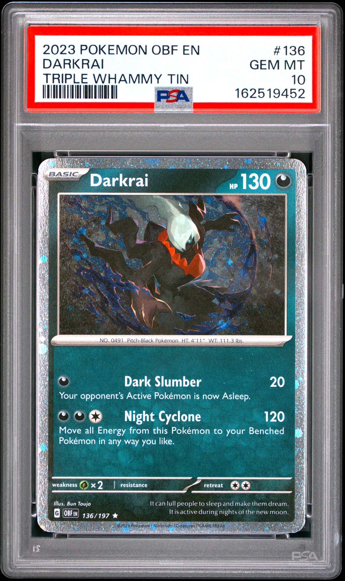 2023 Pokemon Obf En-Obsidian Flames Darkrai #136 (Triple Whammy Tin) Gem Mt 10 front view - PSA graded GEM MT 10