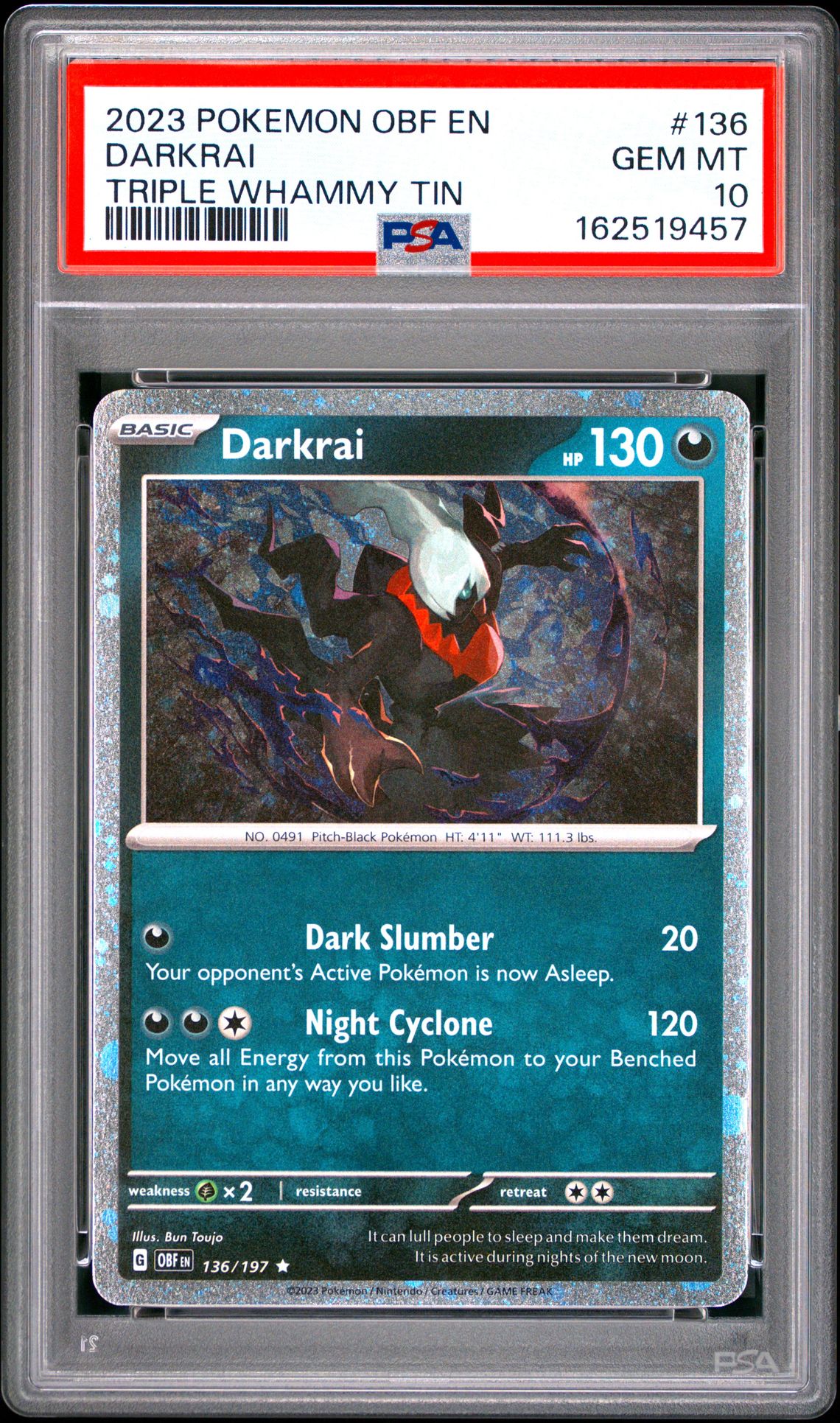 2023 Pokemon Obf En-Obsidian Flames Darkrai #136 (Triple Whammy Tin) Gem Mt 10 front view - PSA graded GEM MT 10