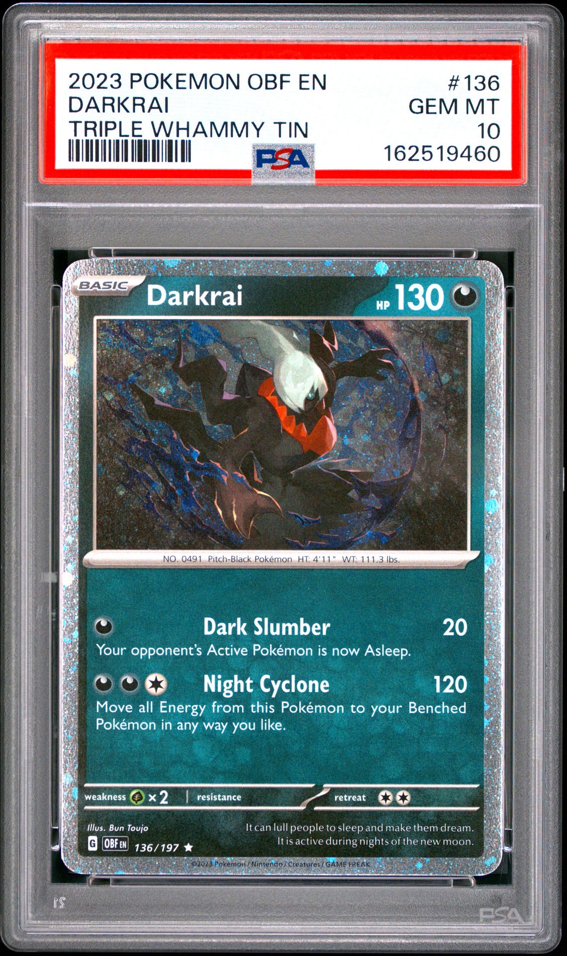 2023 POKEMON OBF EN-OBSIDIAN FLAMES DARKRAI TRIPLE WHAMMY TIN 136 GEM MT 10 front