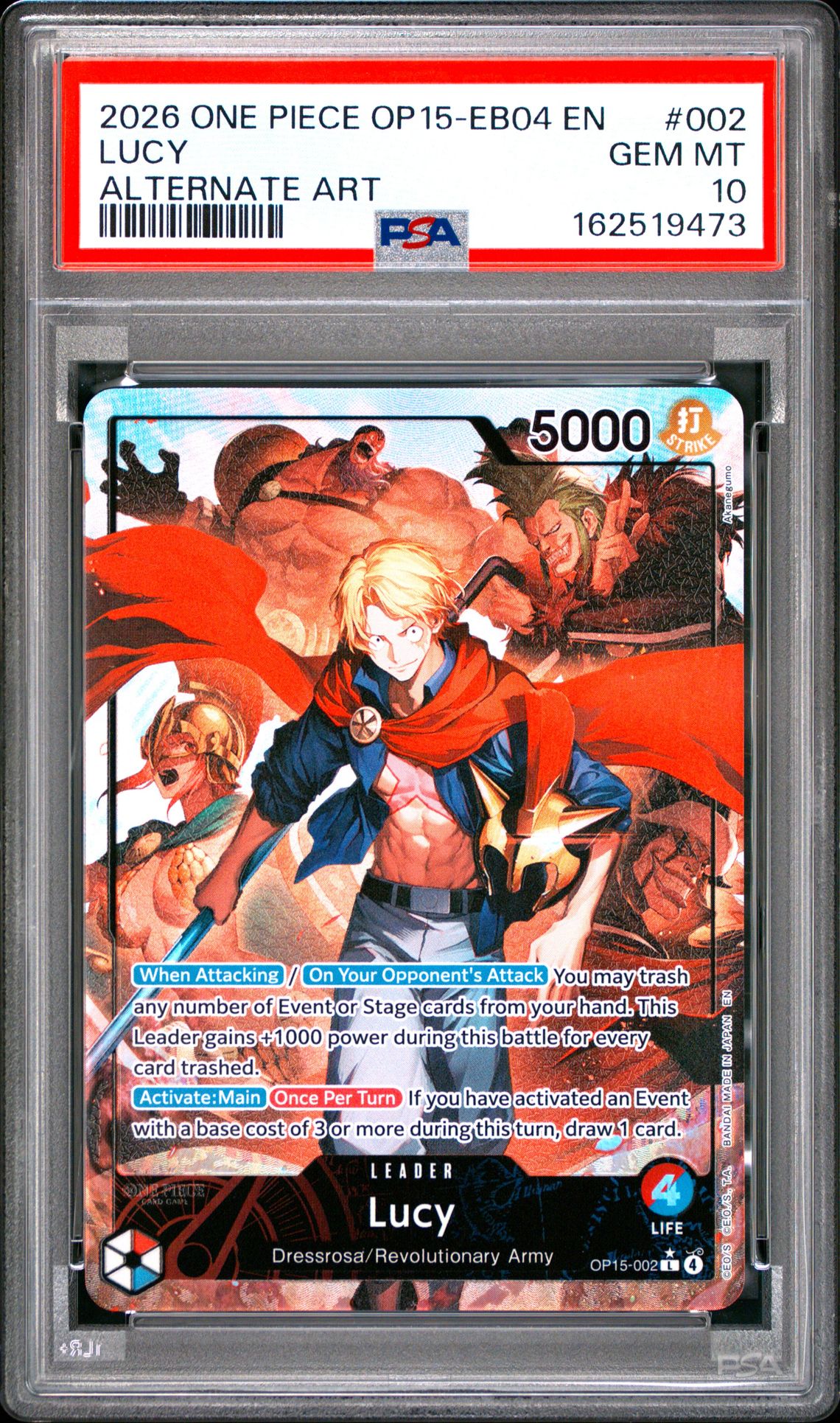 2026 One Piece Op15-Eb04-Adventure On Kami's Island Lucy #002 (Alternate Art) Gem Mt 10 front view - PSA graded GEM MT 10
