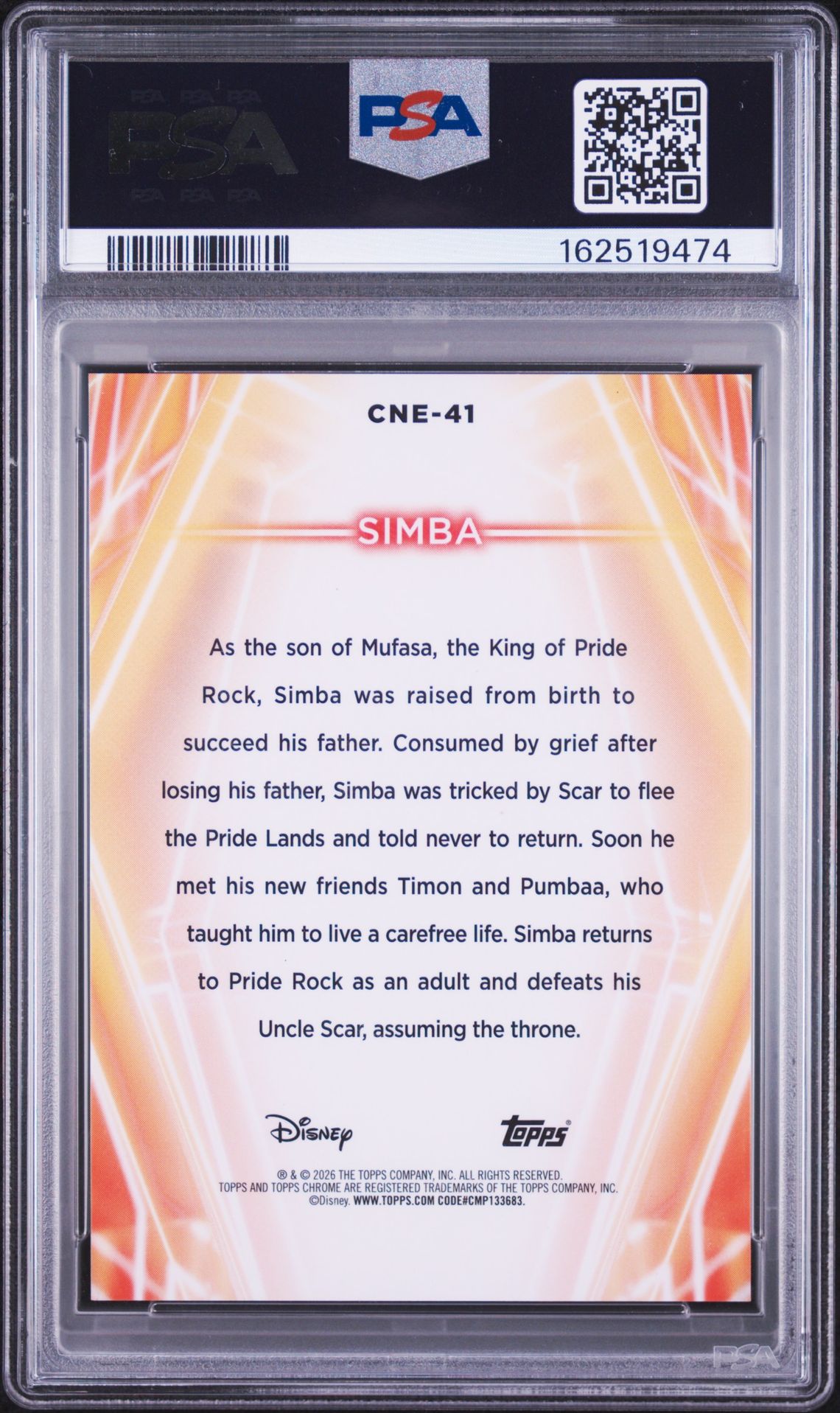 2026 Topps Disney Neon Simba #Cne-41 (Chr Neon Etch-Black Speckle) Mint 9 back