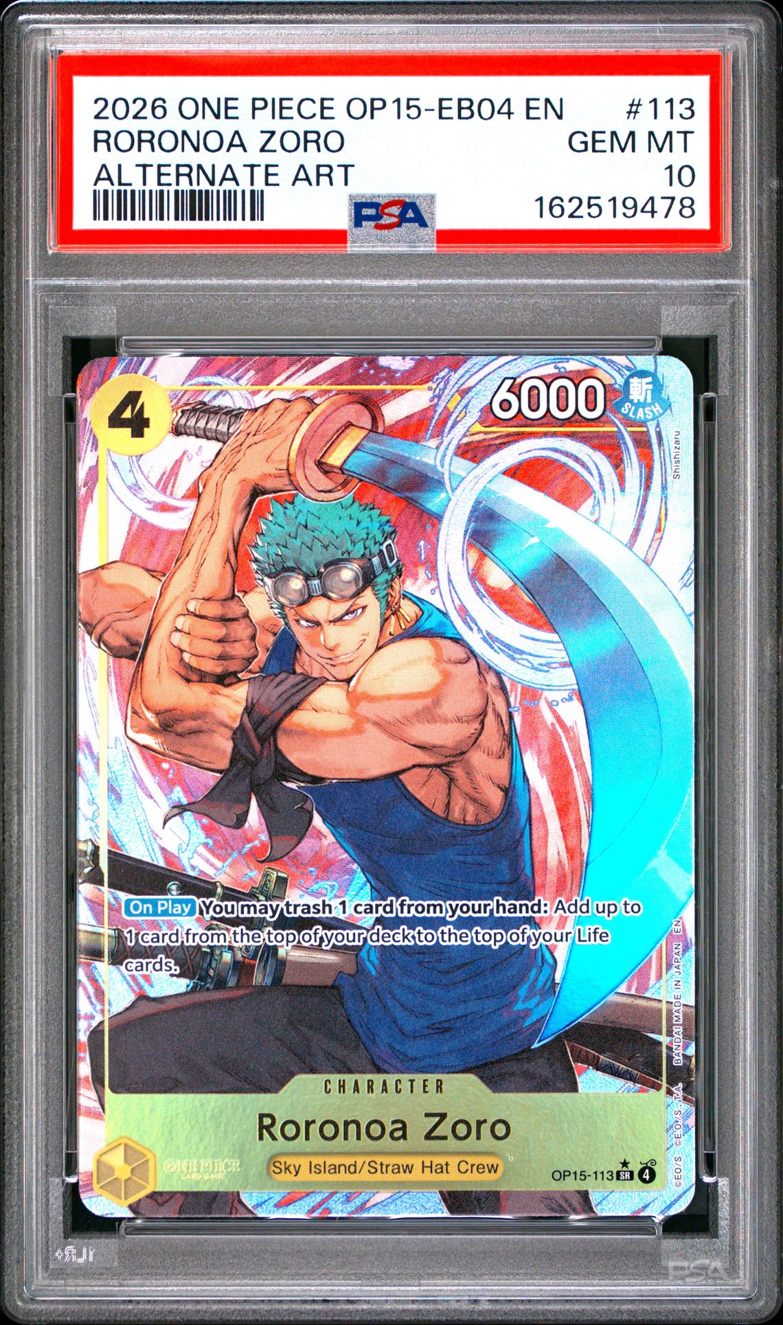 2026 One Piece Op15-Eb04-Adventure On Kami's Island Roronoa Zoro #113 (Alternate Art) Gem Mt 10 front view - PSA graded GEM MT 10