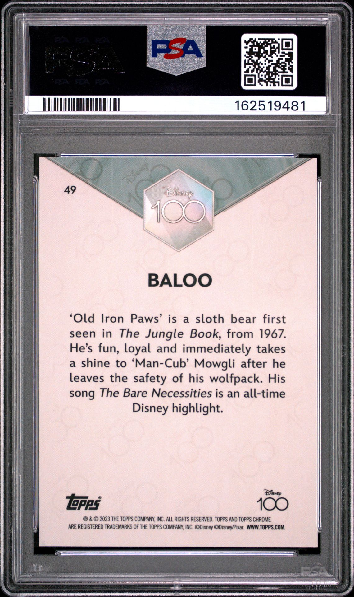 2023 Topps Chrome Disney100 Baloo #49 (Pink Refractor) Gem Mt 10 back view - PSA certificate #162519481
