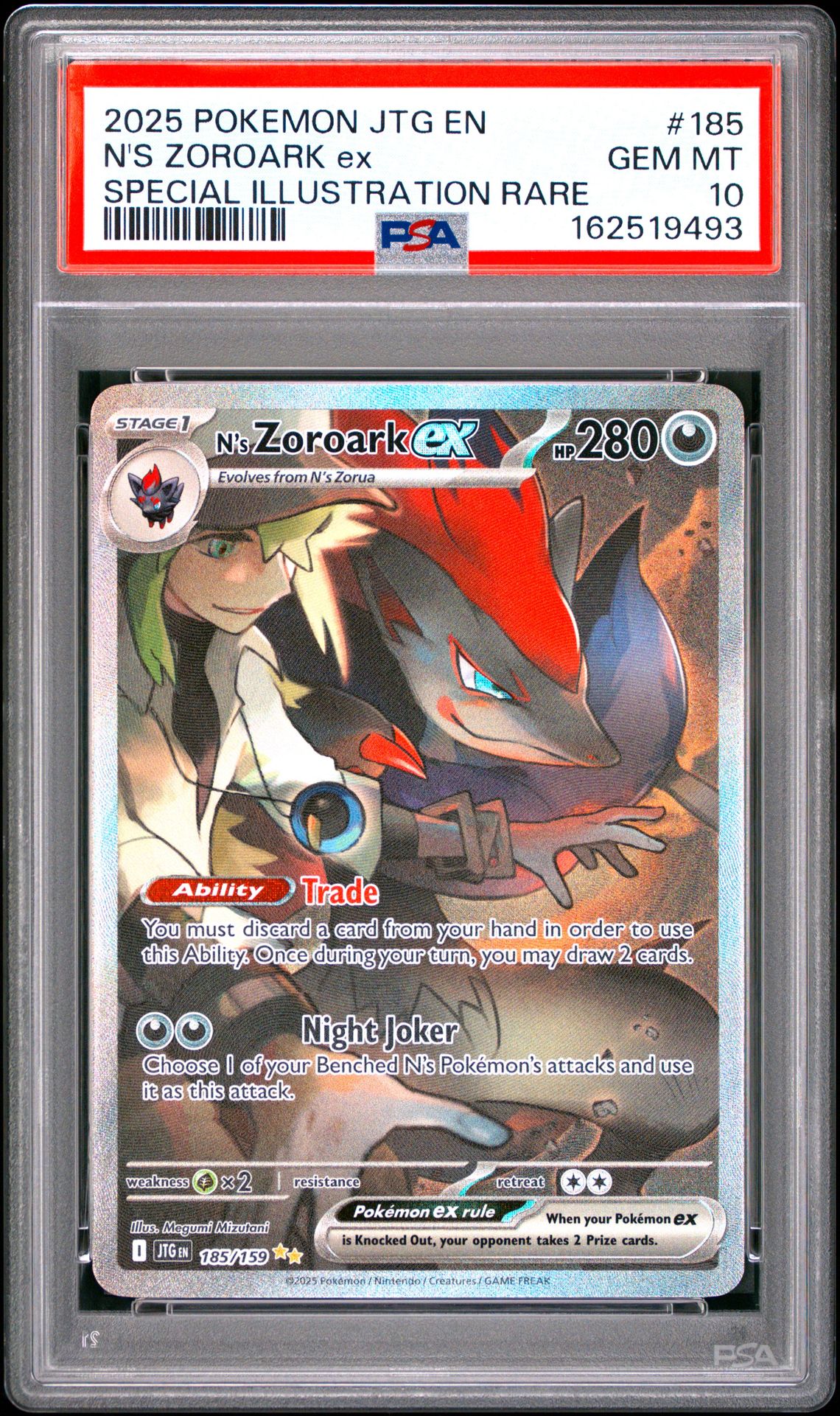 2025 Pokemon Jtg En-Journey Together N's Zoroark Ex #185 (Special Illustration Rare) Gem Mt 10 front view - PSA graded GEM MT 10