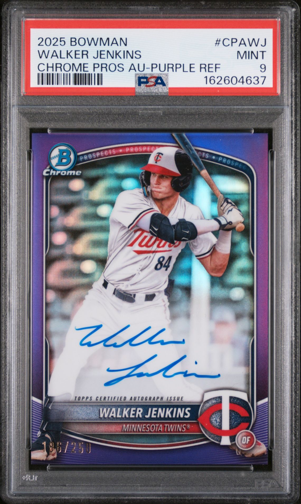 2025 Bowman Chrome Prospect Autographs Walker Jenkins #Cpawj (Chrome Pros Au-Purple Ref) Mint 9 front